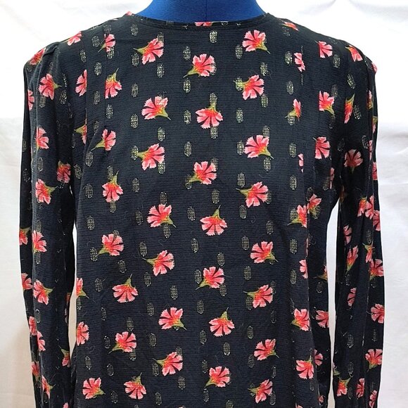 Loft Black Floral Knit Long Sleeve Blouse SP Petite With Sparkles - Picture 12 of 13